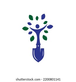 Shovel with human tree vector logo design. Green garden environment logo design template.	