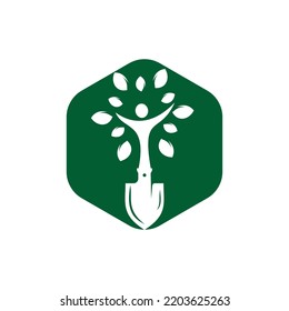Viñeta con el diseño del logo del vector del árbol humano. Plantilla de diseño del logotipo del entorno verde del jardín.	