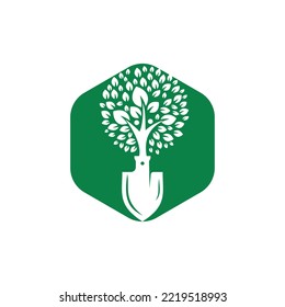Shovel with human tree vector logo design. Green garden environment logo design template.	