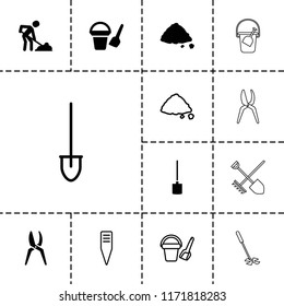 Shovel icon. collection of 13 shovel filled and outline icons such as bucket toy for beach, ground heap, gardening tool. editable shovel icons for web and mobile.