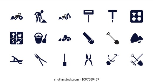 Shovel icon. collection of 18 shovel filled icons such as from toy for beach, excavator, gardening tool, garden tools, saw. editable shovel icons for web and mobile.