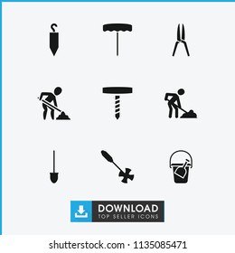 Shovel icon. collection of 9 shovel filled icons such as digging man, gardening tool, bucket toy for beach. editable shovel icons for web and mobile.