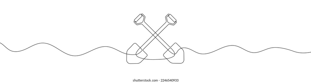 Shovel icon in continuous line drawing style. Line art of crossed shovels icon. Vector illustration. Abstract background