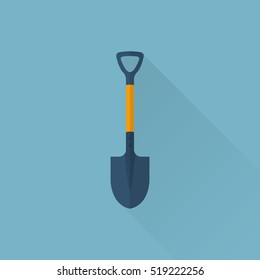 Shovel Icon Flat Design With Long Shadow. Vector Illustration, Isolated On White Background. Garden Spade Gardening, Agriculture.