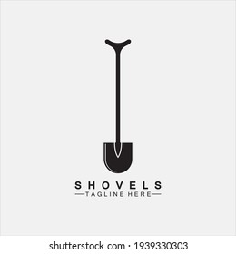 Shovel Symbol Logo, Vektorgrafik Design.Black Shovel Symbol Logo einzeln auf weißem Hintergrund. Schaufel Silhouette. Gartenwerkzeug. Werkzeug für Gartenbau, Landwirtschaft, Landwirtschaft. Logo-Design-Vorlage