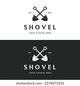 Shovel icon logo vector illustration design.Black Shovel icon logo isolated on white background. Shovel silhouette. Gardening tool. Tool for horticulture, agriculture, farming.