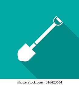 Shovel icon with long shadow. Flat design style. Shovel silhouette. Simple green icon. Modern flat icon in stylish colors. Web site page and mobile app design vector element.