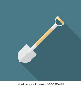 Shovel icon with long shadow. Flat design style. Shovel silhouette. Simple icon. Modern flat icon in stylish colors. Web site page and mobile app design vector element.