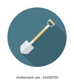 Shovel icon with long shadow. Flat design style. Round icon. Shovel silhouette. Simple circle icon. Modern flat icon in stylish colors. Web site page and mobile app design vector element.