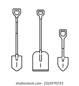 Shovel icon outline set. Simple lines. Garden shovel icons. Isolated on white background.