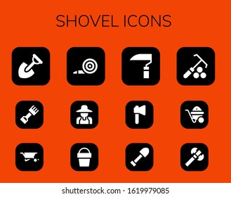 shovel icon set. 12 filled shovel icons. Included Shovel, Rake, Wheelbarrow, Blower, Gardener, Sand bucket, Scythe, Axe icons