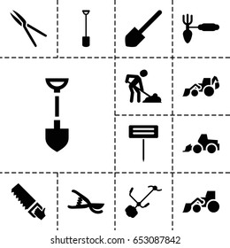 Shovel icon. set of 13 filled shovelicons such as shovel, excavator, saw, digging man, gardening tool