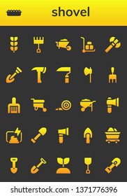 shovel icon set. 26 filled shovel icons.  Simple modern icons about  - Growing plant, Sand, Rake, Wheelbarrow, Axe, Shovel, Scythe, Blower, Compost, Mine