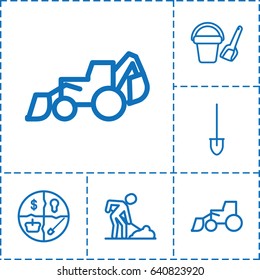 Shovel icon. set of 6 shovel outline icons such as bucket toy for beach, excavator, digging man, shovel