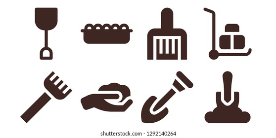 shovel icon set. 8 filled shovel icons. Simple modern icons about  - Rake, Shovel, Gardening, Sand, Wheelbarrow