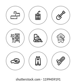Shovel icon set. collection of 9 outline shovel icons with bulldozer, chainsaw, construction, dynamite, gardener, gardening, sand icons. editable icons.