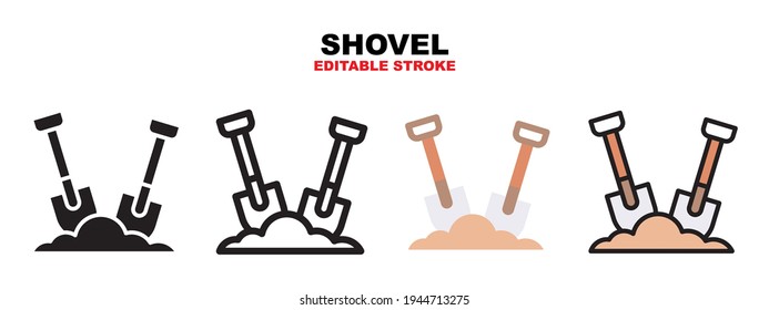 Shovel icon set with different styles. Icons designed in filled, outline, flat, glyph and line colored. Editable stroke and pixel perfect. Can be used for web, mobile, ui and more.