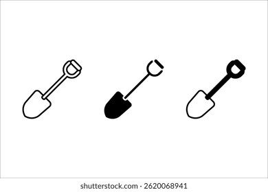 Shovel Icon Set. Spade dig soil vector symbol in a black filled and outlined style. Groundwork Tool Sign.