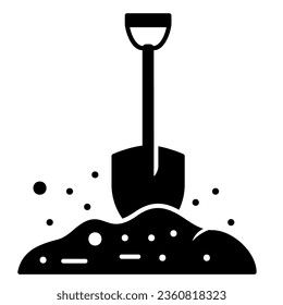 Shovel icon stick on soil in black outline style