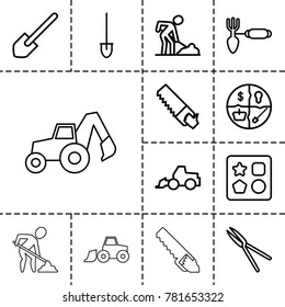 Shovel icons. set of 13 editable outline shovel icons such as from toy for beach, shovel, excavator, saw, digging man, gardening tool, garden tools