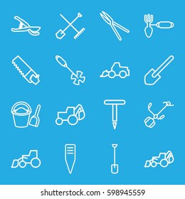 shovel icons set. Set of 16 shovel outline icons such as excavator, saw, gardening tool