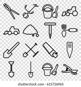 Shovel icons set. set of 16 shovel outline icons such as bucket toy for beach, excavator, saw, gardening tool, garden tools