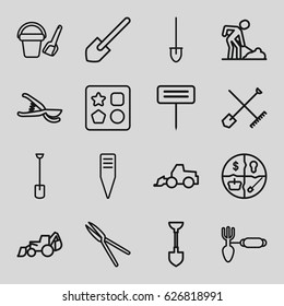 Shovel icons set. set of 16 shovel outline icons such as bucket toy for beach, from toy for beach, excavator, digging man, gardening tool, garden tools
