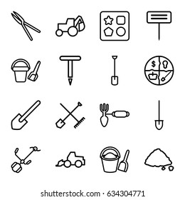 Shovel icons set. set of 16 shovel outline icons such as bucket toy for beach, from toy for beach, excavator, gardening tool, garden tools, ground heap