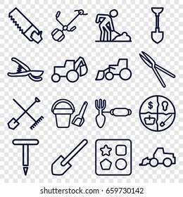 Shovel icons set. set of 16 shovel outline icons such as bucket toy for beach, from toy for beach, excavator, saw, digging man, gardening tool, garden tools