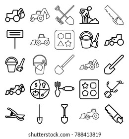 Shovel icons. set of 25 editable outline shovel icons such as bucket toy for beach, from toy for beach, excavator, saw, digging man, gardening tool, garden tools