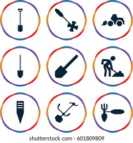 shovel icons set. Set of 9 shovel filled icons such as shovel, excavator, digging man