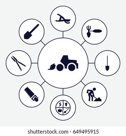 Shovel icons set. set of 9 shovel filled icons such as shovel, excavator, saw, digging man, gardening tool, garden tools