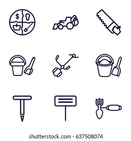 Shovel icons set. set of 9 shovel outline icons such as bucket toy for beach, excavator, saw, gardening tool, bucket and shovel