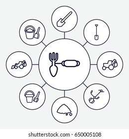 Shovel icons set. set of 9 shovel outline icons such as bucket toy for beach, excavator, gardening tool