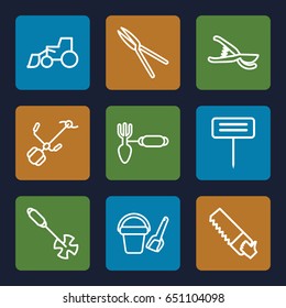 Shovel icons set. set of 9 shovel outline icons such as bucket toy for beach, excavator, saw, gardening tool