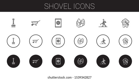 shovel icons set. Collection of shovel with rake, wheelbarrow, seeds, farmer hoeing, sand. Editable and scalable shovel icons.