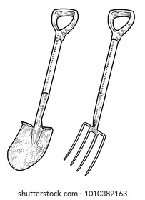Shovel illustration, drawing, engraving, ink, line art, vector