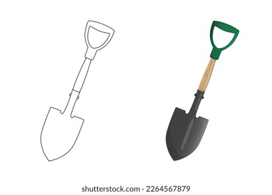 Shovel illustration. Shovel for garden, camping, fire shovel. Coloring page for children. Contour icon. Kids coloring book for elementary school. Black and white illustration. Vector illustration.