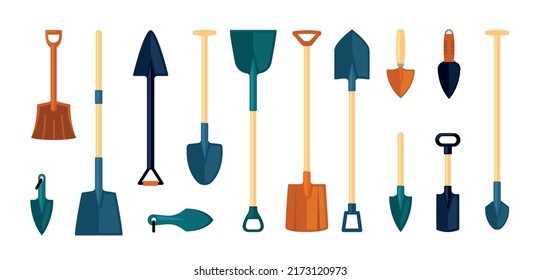 shovel. industrial gardening items for grass cutting and botanical care. Vector illustrations of farm equipment