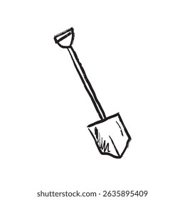 Pá, um item usado para cavar, levantar e mover materiais como sujeira, areia, neve em textura de traço de pincel preto isolado no branco. Ilustração de esboço de vetor desenhado à mão em tinta de carvão vegetal