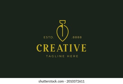 Shovel leaf Logo Design Template. Vector Illustration of Reforestation. Vintage Modern Logo Line Art Design Template