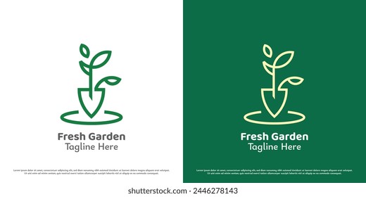 Shovel leaf plant logo design illustration. Linear tree foliage park garden green evergreen bio land lawn  fresh seed petal grow foliage. Simple minimal minimalist modern abstract nature icon symbol.