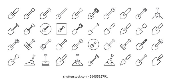 Coleção de Ícones de Linha de Pá. Outline Signs para Gráficos e Web Design, Apps, Anúncios, Vários Cartões 