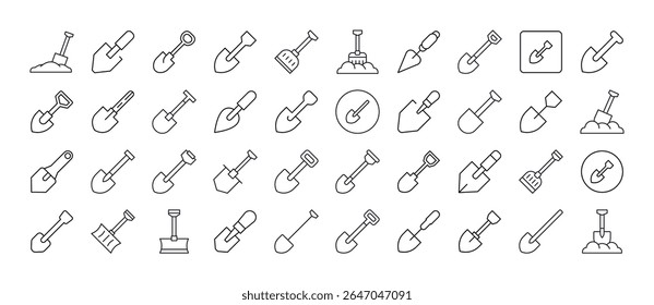 Pacote de Ícones de Linha de Pá. Outline Signs para Gráficos e Web Design, Apps, Anúncios, Vários Cartões 