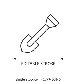 Shovel linear icon. Spade to work on renovation. Dig ground. Instrument for farming. Thin line customizable illustration. Contour symbol. Vector isolated outline drawing. Editable stroke