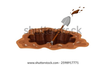 A shovel is lodged deep in the soil, representing hard work, digging tasks, and overcoming challenges.