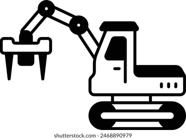 Schaufeleinschlag mit Einzelmaschinenkonzept, Closed Loop Titel Feller Buncher Vektorgrafik Icon Design, Holz- und Holzsymbol, Forst- und Entwaldungszeichen, Waldbau und Waldlandillustrationen