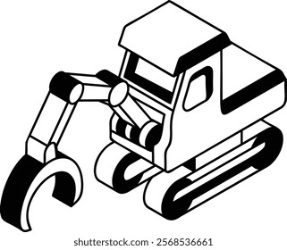 shovel logging with single machine isometric concept, closed loop track Feller Buncher vector outline design, firewood or crafts Symbol, forest Deforestation products Sign,Lumberyard illustration