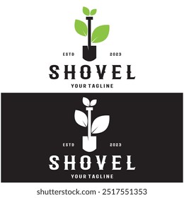 Shovel logo for agriculture, excavation,building, mining foundation. gardening vector set design with leaves