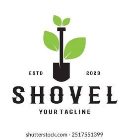 Shovel logo for agriculture, excavation,building, mining foundation. gardening vector set design with leaves